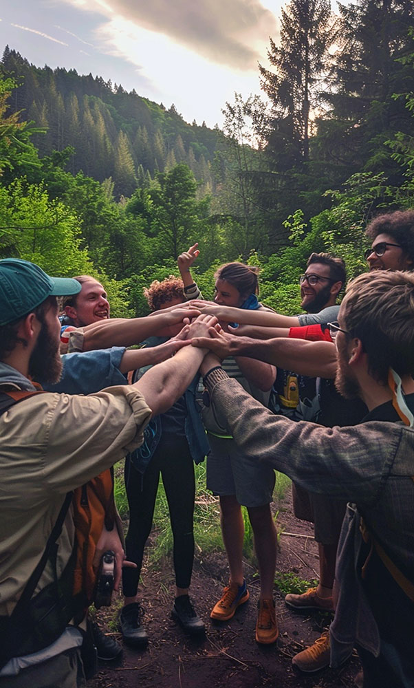 Gruppe verbindet Hände im Wald