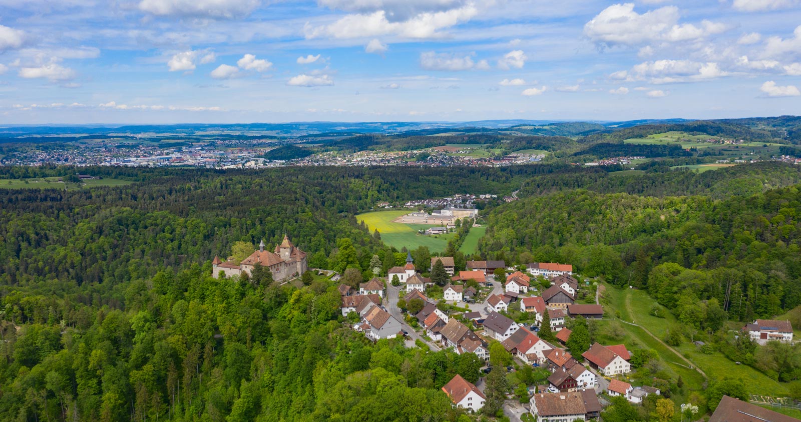 Luftaufnahme eines Dorfes mit Burg im Wald.